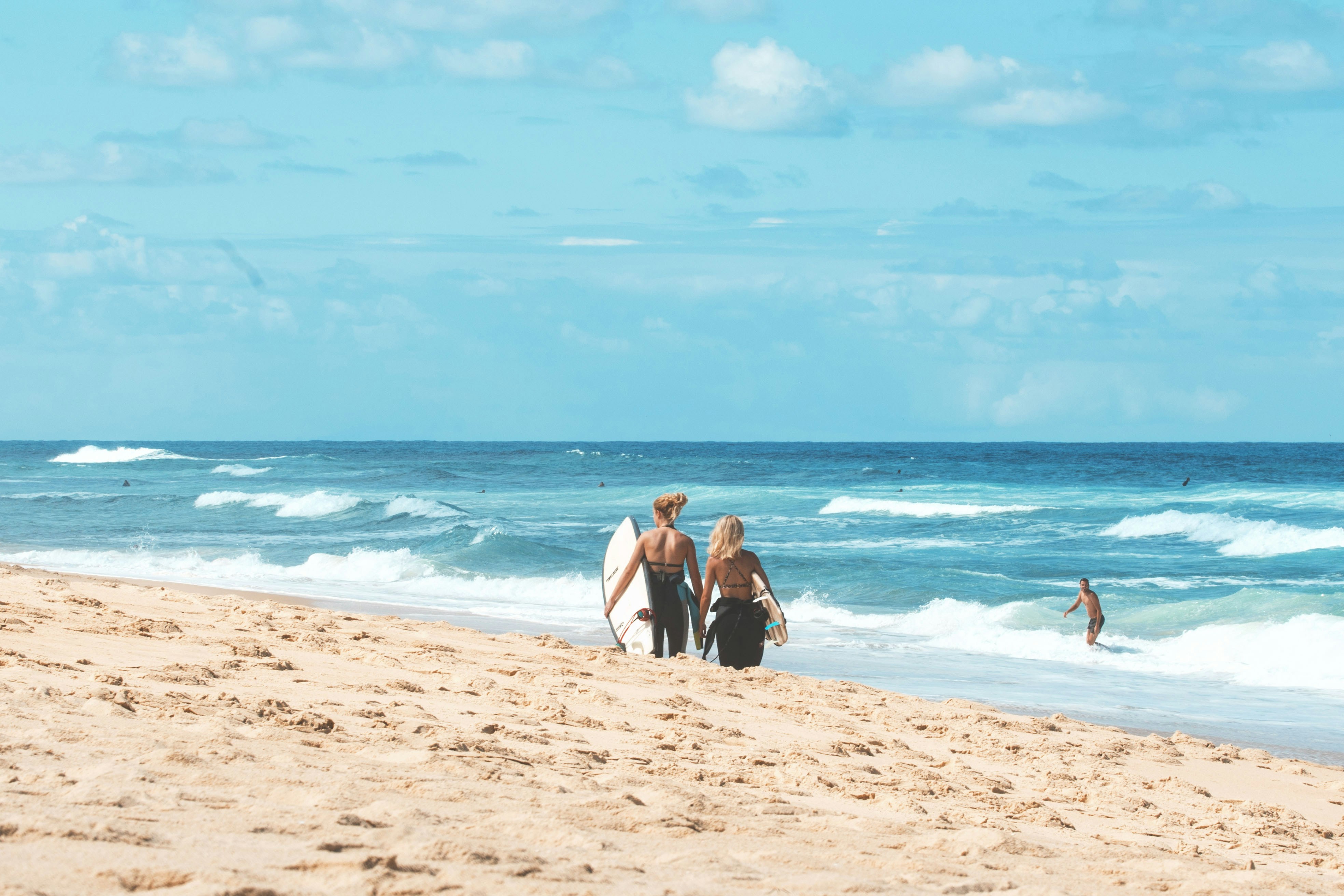 Surfers walking on beach